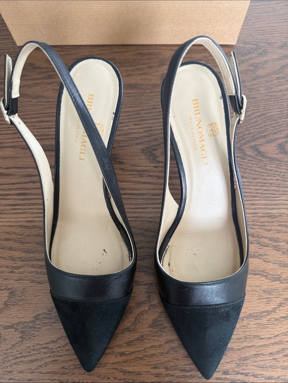 Bruno Magli Black Pointed-Toe Slingback Pumps with suede and Leather Trim